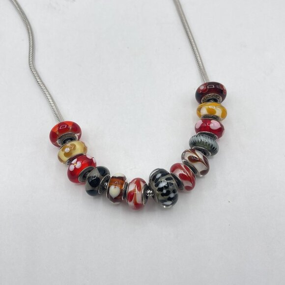 Pandora Style Silver Snake Chain Necklace With Colorful Murano Glass Beads w/Box - Picture 3 of 8